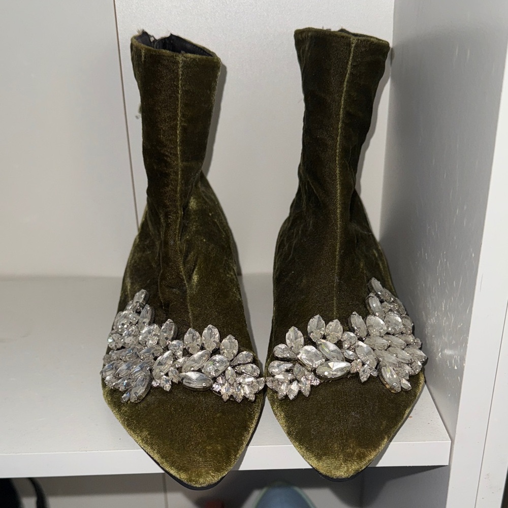 Zara Olive Velvet Ankle Boots with Crystal Accents